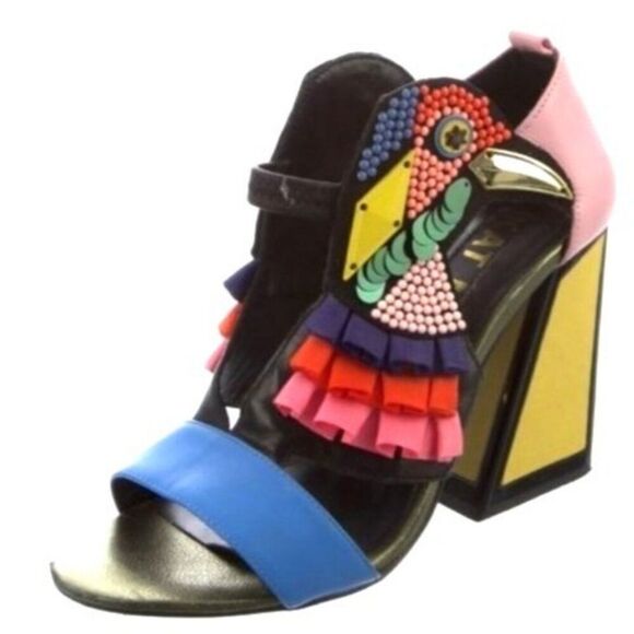 KAT MACONIE Aya Bird Ruffle Sequin Heeled Sandal Block Heel Multicolor Leather - Picture 2 of 5